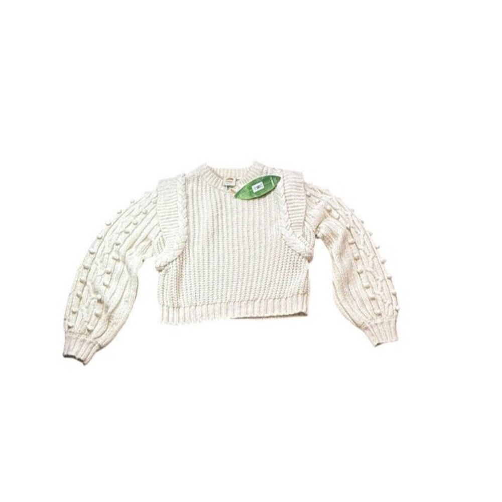 Farm Rio Sweater Womens Size Large Shaker-Stitch Cropped Pom-Pom details Cream
